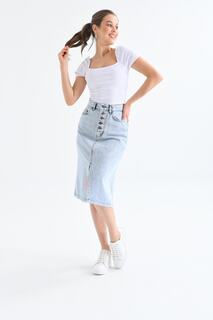 Женская джинсовая юбка с прямым разрезом на пуговицах VOLT CLOTHİNG, синий