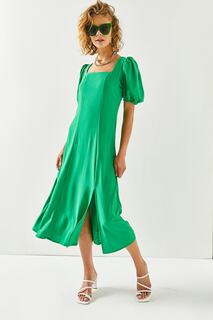 Женское платье миди травяного цвета с квадратным воротником и разрезом Olalook, зеленый