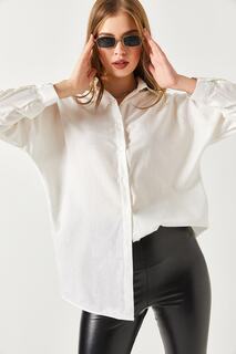 Женская длинная базовая рубашка цвета экрю оверсайз armonika