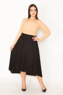 Женская длинная юбка большого размера из черной эластичной талии с букле из ткани 65n31888 Şans, черный