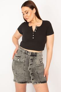 Женская джинсовая юбка большого размера из лайкры с дымчатым эффектом и пуговицами спереди Şans, серый