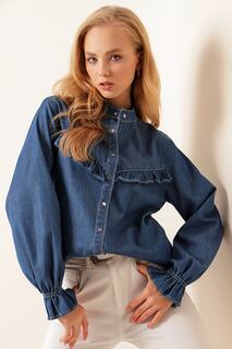 Женская джинсовая рубашка с рюшами и длинными рукавами Y20s110-3799 Pattaya, темно-синий