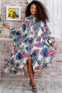 Женское платье оверсайз на пуговицах с карманами и узором тропических листьев цвета экрю, синего и красного цвета Chiccy, разноцветный