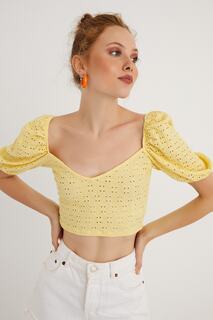 Женская желтая ажурная укороченная блузка с объемными рукавами Cool &amp; Sexy, желтый