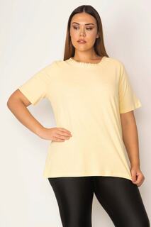 Женская желтая блузка большого размера с кружевным воротником из хлопчатобумажной ткани 65n28616 Şans, желтый