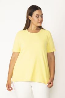 Женская желтая блузка большого размера из хлопчатобумажной ткани с круглым вырезом и короткими рукавами 65n29545 Şans, желтый