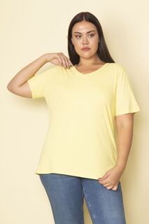 Женская желтая блузка большого размера из хлопчатобумажной ткани с v-образным вырезом и короткими рукавами 65n27533 Şans, желтый