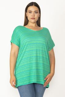 Женская зеленая блузка в полоску из вискозы большого размера с перекрестием на спине и низкими рукавами 65n27481 Şans, зеленый