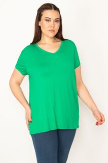 Женская зеленая блузка больших размеров с v-образным вырезом и короткими рукавами Şans, зеленый