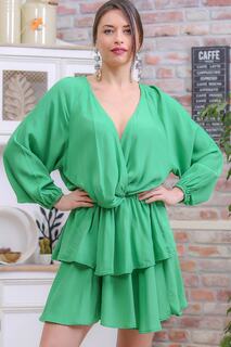 Женская зеленая винтажная двубортная многослойная юбка с объемными рукавами и рюшами, подробное платье Chiccy, зеленый