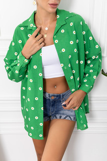 Женская зеленая льняная рубашка оверсайз с ромашками armonika, зеленый
