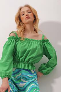 Женская зеленая укороченная блузка из поплина с воротником Мадонна и ремешками ALC-X9878 Trend Alaçatı Stili, зеленый