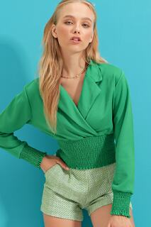 Женская зеленая укороченная блузка с рубашечным воротником и талией Gipeli из крепа ALC-X9254 Trend Alaçatı Stili, зеленый