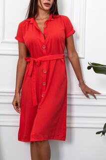 Женское платье-рубашка цвета граната с поясом и короткими рукавами armonika, красный