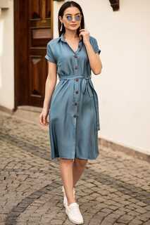 Женское платье-рубашка цвета индиго с поясом и короткими рукавами armonika, синий