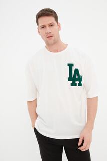 Мужская футболка оверсайз/широкого кроя с короткими рукавами и круглым вырезом, хлопковая футболка с вышивкой LA Suzene 1 Trendyol, экрю