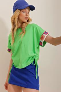 Женская зеленая хлопковая блузка с круглым вырезом и рукавами с оплеткой и сборкой по бокам Trend Alaçatı Stili, зеленый