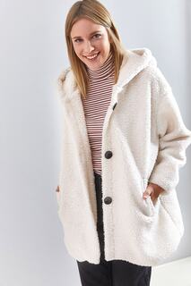 Женское плюшевое пальто с капюшоном и пуговицами 2157 Bianco Lucci, экрю