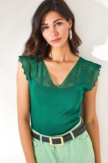 Женская изумрудно-зеленая ажурная трикотажная блузка с V-образным вырезом спереди и сзади Olalook, зеленый