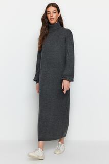 Антрацитовое трикотажное платье миди с мягкой фактурой Trendyol, серый