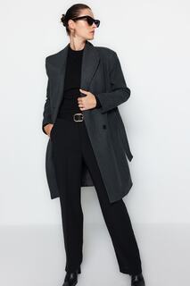 Антрацитовое длинное шерстяное пальто премиум-класса с поясом, ограниченной серией Trendyol, серый