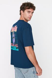 Мужская футболка свободного и удобного кроя цвета индиго из 100 % хлопка с мистическим принтом Trendyol, синий