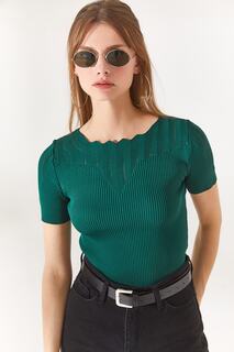 Женская изумрудно-зеленая ажурная трикотажная блузка с воротником Olalook, зеленый