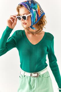 Женская изумрудно-зеленая трикотажная блузка с V-образным вырезом и плечами Olalook, зеленый