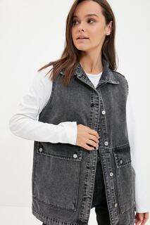 Антрацитовый джинсовый жилет из 100% хлопка с рубашечным воротником и карманом Trendyol, серый