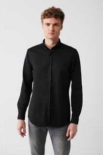 Мужская черная текстурированная трикотажная рубашка узкого кроя с легким гладким воротником на пуговицах Avva, черный