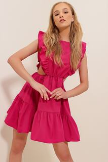 Женское поплиновое платье цвета фуксии с вырезом «лодочка» и заниженной талией Trend Alaçatı Stili, розовый