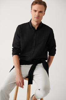 Мужская черная рубашка с воротником на пуговицах, легко гладиемая оксфордская хлопковая рубашка стандартного кроя Avva, черный