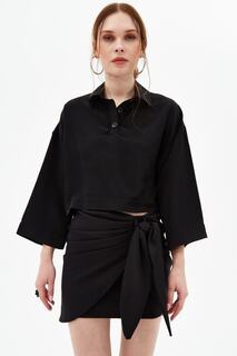 Женская классическая укороченная атласная блузка с воротником Pattaya, черный