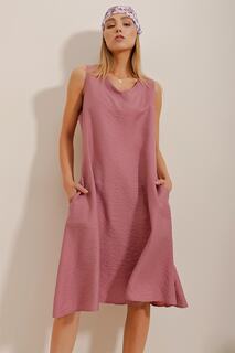 Женское пудрово-розовое тканое платье Aerobin с v-образным вырезом и двойными карманами Trend Alaçatı Stili, розовый