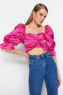 Атласная блузка на укороченной подкладке фуксии Trendyol, розовый