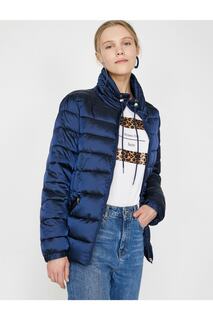 Женское пуховое пальто темно-синего цвета с высоким воротником и молнией и детальными карманами 9KAK23717GW Koton, темно-синий