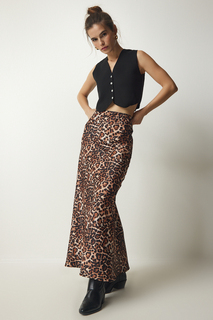 Женская коричневая атласная юбка макси с леопардовым узором Happiness İstanbul, коричневый