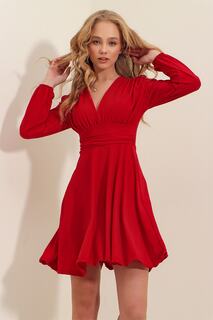 Женское рождественское красное расклешенное платье песочного цвета с глубоким v-образным вырезом Trend Alaçatı Stili, красный