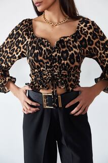 Женская коричневая блузка со сборками с леопардовым узором XHAN, коричневый