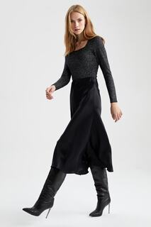 Атласная юбка-миди А-силуэта с нормальной талией DeFacto, черный