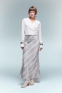Атласная юбка-миди трапеции с нормальной талией и узором DeFacto, серый