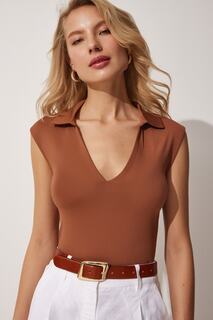 Женская коричневая струящаяся трикотажная блузка-поло с v-образным вырезом Happiness İstanbul, коричневый