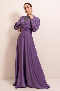 Атласное длинное платье с присборенными рукавами, пуговицами, подкладкой и бисером спереди By Saygı, фиолетовый