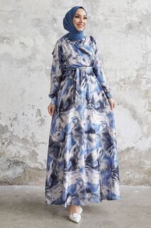Атласное Платье Sevinya с Поясом и Узором - Индиго InStyle, темно-синий
