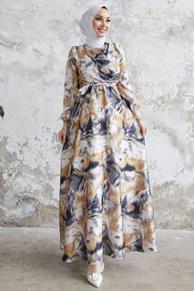 Атласное Платье Sevinya с Поясом и Узором - Горчичный InStyle, разноцветный