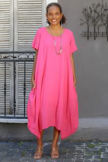 Женское розовое повседневное платье из вискозной ткани розового цвета с коротким рукавом и двойным карманом Chiccy, розовый