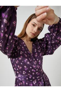 Атласное платье-миди с V-образным вырезом и поясом Koton, фиолетовый