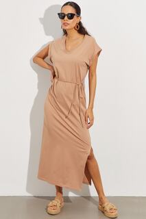 Женское светло-коричневое платье миди с v-образным вырезом и двойным разрезом Cool &amp; Sexy, коричневый