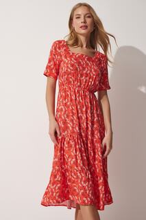 Женское светло-красное летнее вискозное платье с квадратным воротником и цветочным принтом Happiness İstanbul, оранжевый