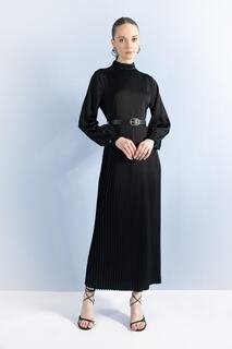 Атласное платье с длинным рукавом и плиссированным воротником-рубашкой DeFacto, черный